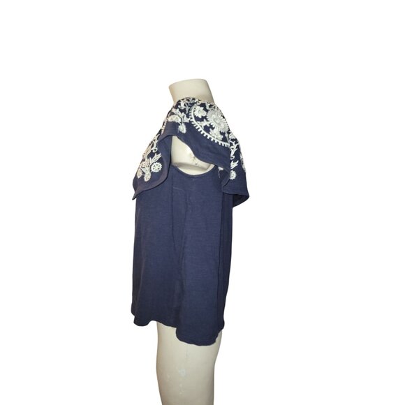 LUNA MOON Navy Blue Embroidered Off-Shoulder Luna Moon Top S Cotton Blend‎ - Picture 2 of 8